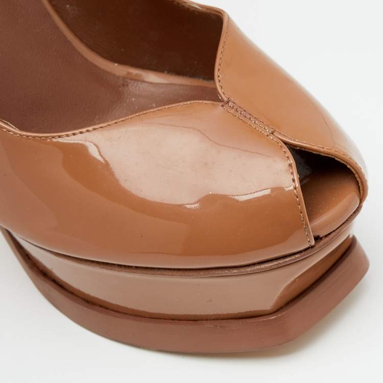 Pre Owned Yves Saint Laurent Brown Patent Leather Peep Toe Platform Mary Jane Pumps Size 36.5