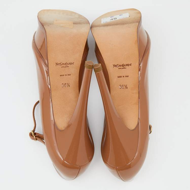 Pre Owned Yves Saint Laurent Brown Patent Leather Peep Toe Platform Mary Jane Pumps Size 36.5