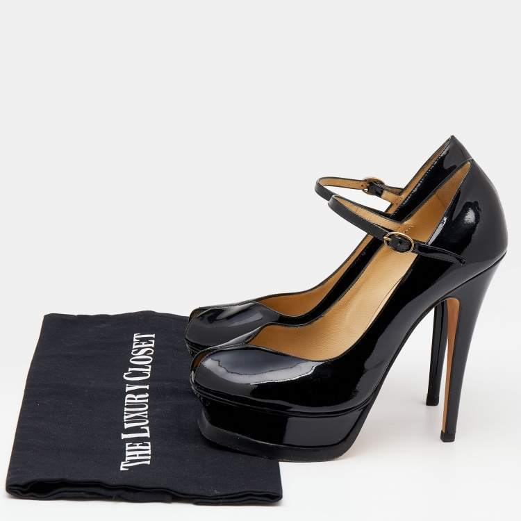 Pre Owned Yves Saint Laurent Black Patent Leather Peep Toe Platform Mary Jane Pumps Size 36.5