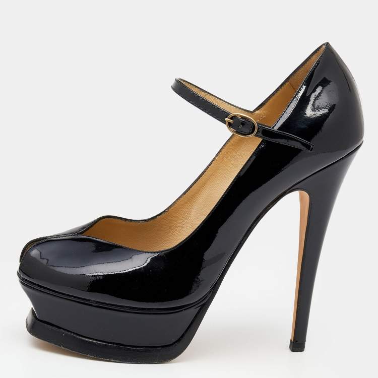 Pre Owned Yves Saint Laurent Black Patent Leather Peep Toe Platform Mary Jane Pumps Size 36.5