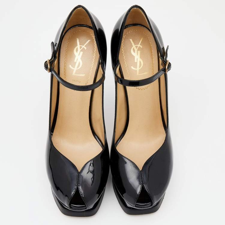 Pre Owned Yves Saint Laurent Black Patent Leather Peep Toe Platform Mary Jane Pumps Size 36.5