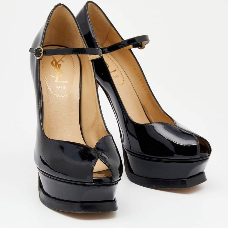 Pre Owned Yves Saint Laurent Black Patent Leather Peep Toe Platform Mary Jane Pumps Size 36.5