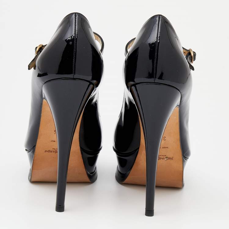 Pre Owned Yves Saint Laurent Black Patent Leather Peep Toe Platform Mary Jane Pumps Size 36.5