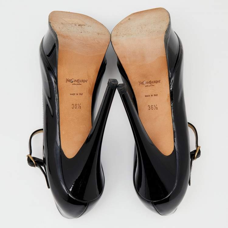 Pre Owned Yves Saint Laurent Black Patent Leather Peep Toe Platform Mary Jane Pumps Size 36.5