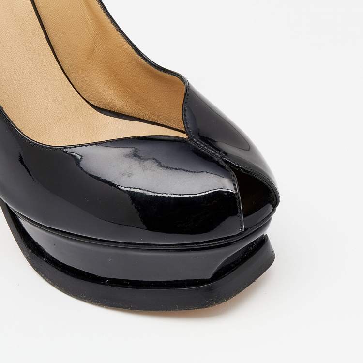 Pre Owned Yves Saint Laurent Black Patent Leather Peep Toe Platform Mary Jane Pumps Size 36.5