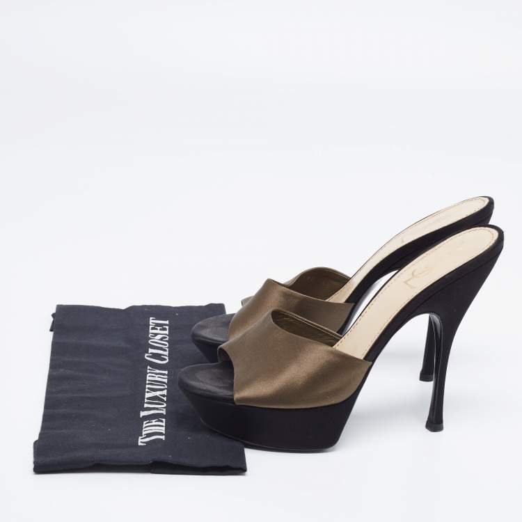 Pre Owned Yves Saint Laurent Black/Green Satin Platform Slide Sandals Size 40