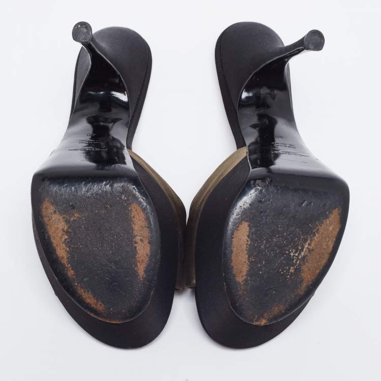 Pre Owned Yves Saint Laurent Black/Green Satin Platform Slide Sandals Size 40