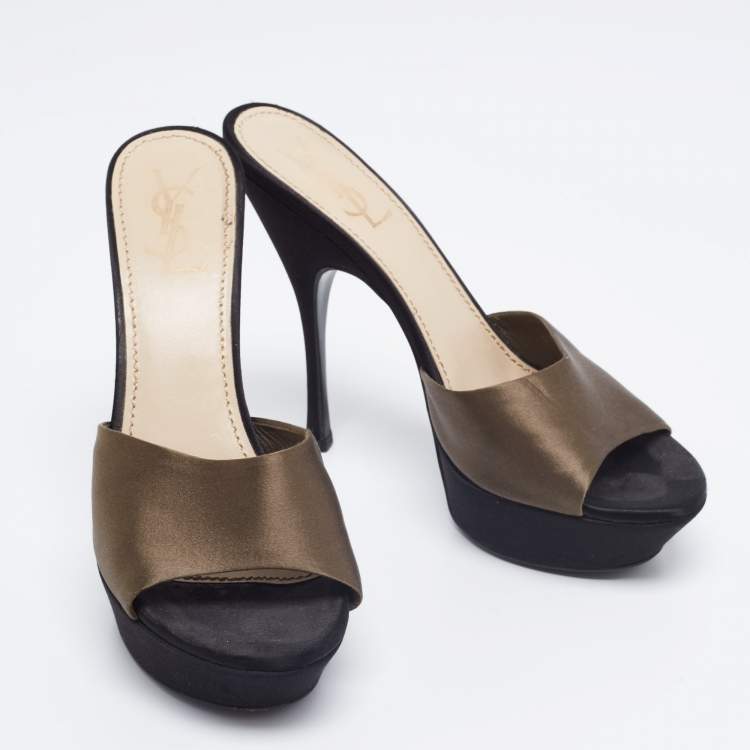 Pre Owned Yves Saint Laurent Black/Green Satin Platform Slide Sandals Size 40