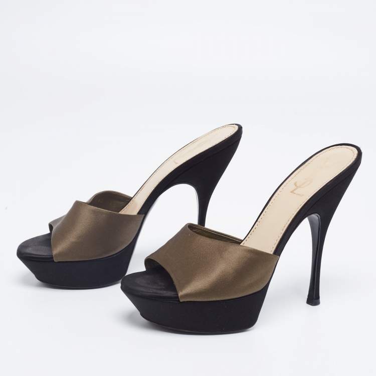 Pre Owned Yves Saint Laurent Black/Green Satin Platform Slide Sandals Size 40