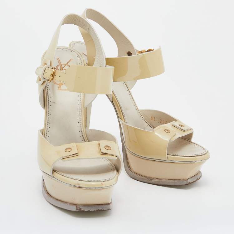 Pre Owned Yves Saint Laurent Cream Patent Leather Platform Ankle Strap Sandals Size 38