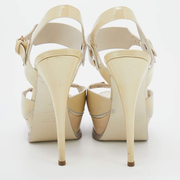 Pre Owned Yves Saint Laurent Cream Patent Leather Platform Ankle Strap Sandals Size 38