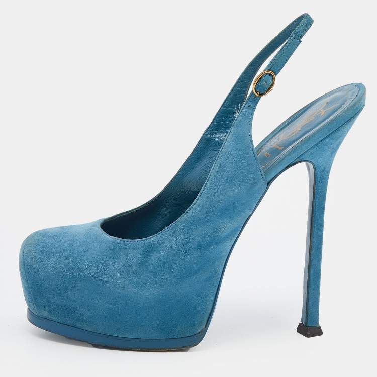 Pre Owned Yves Saint Laurent Blue Suede Tribtoo Slingback Platform Sandals Size 38