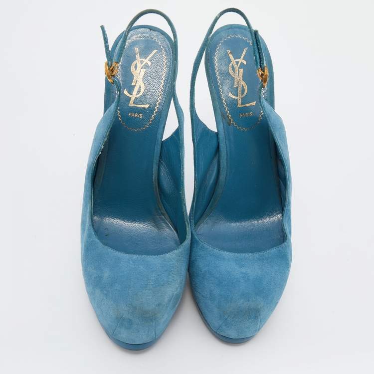 Pre Owned Yves Saint Laurent Blue Suede Tribtoo Slingback Platform Sandals Size 38
