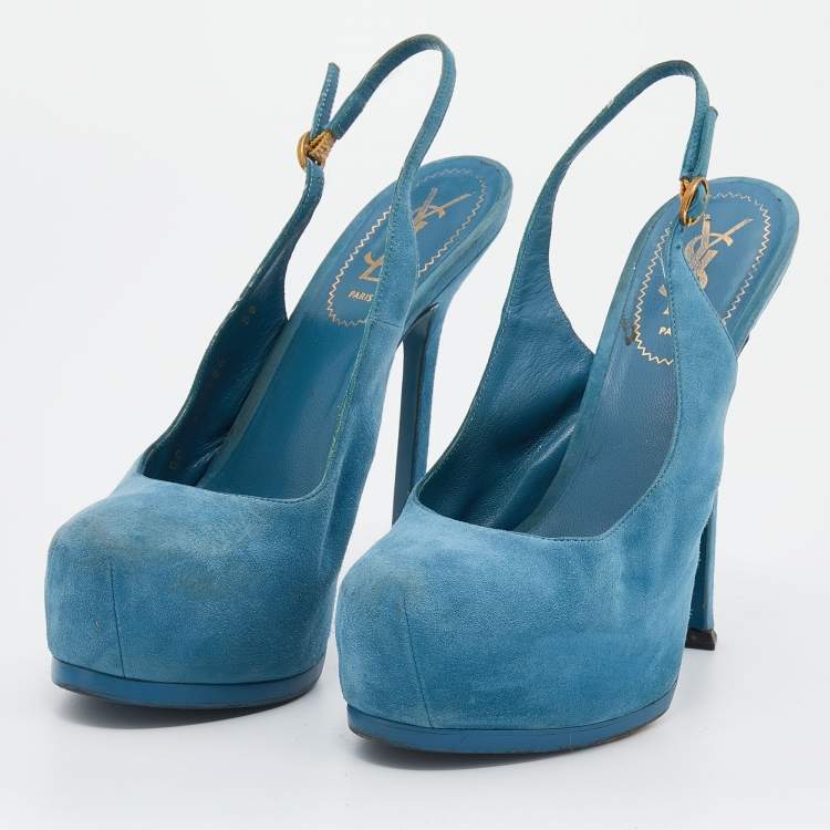 Pre Owned Yves Saint Laurent Blue Suede Tribtoo Slingback Platform Sandals Size 38