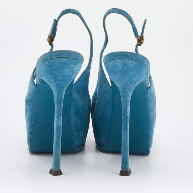Pre Owned Yves Saint Laurent Blue Suede Tribtoo Slingback Platform Sandals Size 38