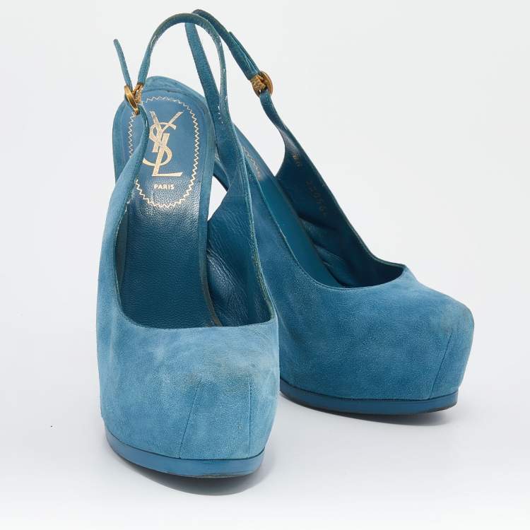 Pre Owned Yves Saint Laurent Blue Suede Tribtoo Slingback Platform Sandals Size 38