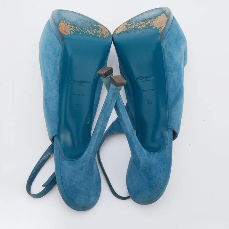 Pre Owned Yves Saint Laurent Blue Suede Tribtoo Slingback Platform Sandals Size 38