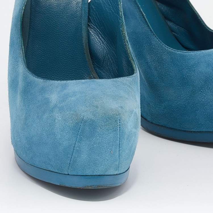 Pre Owned Yves Saint Laurent Blue Suede Tribtoo Slingback Platform Sandals Size 38