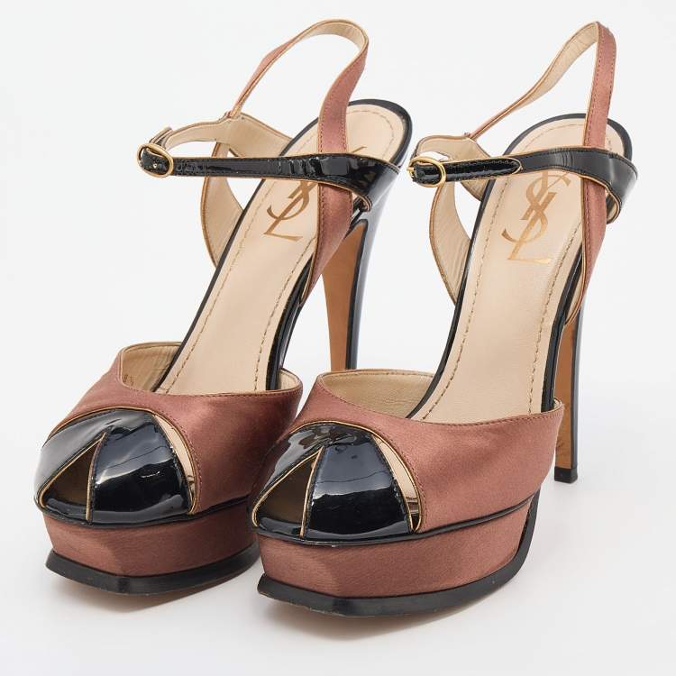 Pre Owned Yves Saint Laurent Brown/Black Patent Leather Platform Ankle Strap Sandals Size 38.5