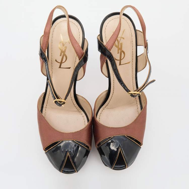 Pre Owned Yves Saint Laurent Brown/Black Patent Leather Platform Ankle Strap Sandals Size 38.5