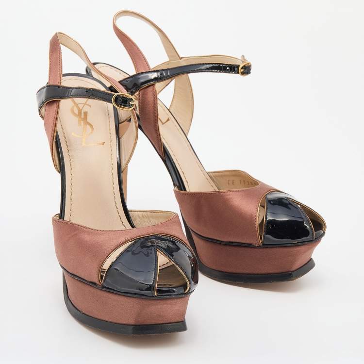 Pre Owned Yves Saint Laurent Brown/Black Patent Leather Platform Ankle Strap Sandals Size 38.5