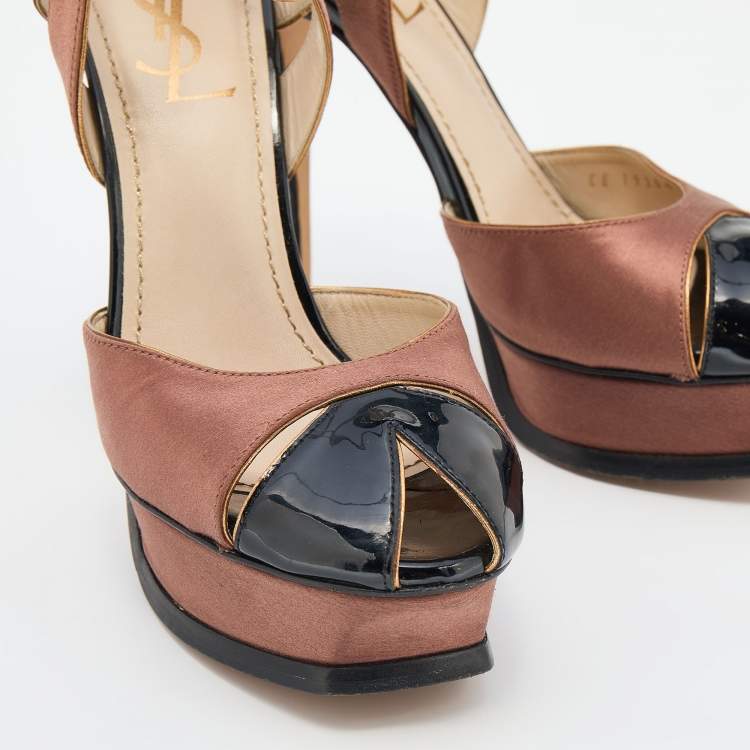 Pre Owned Yves Saint Laurent Brown/Black Patent Leather Platform Ankle Strap Sandals Size 38.5