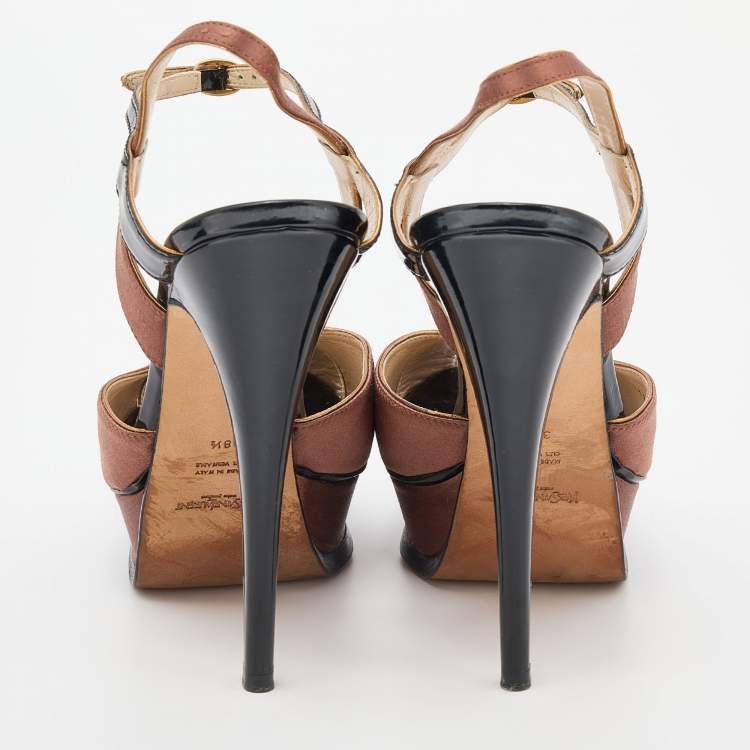 Pre Owned Yves Saint Laurent Brown/Black Patent Leather Platform Ankle Strap Sandals Size 38.5