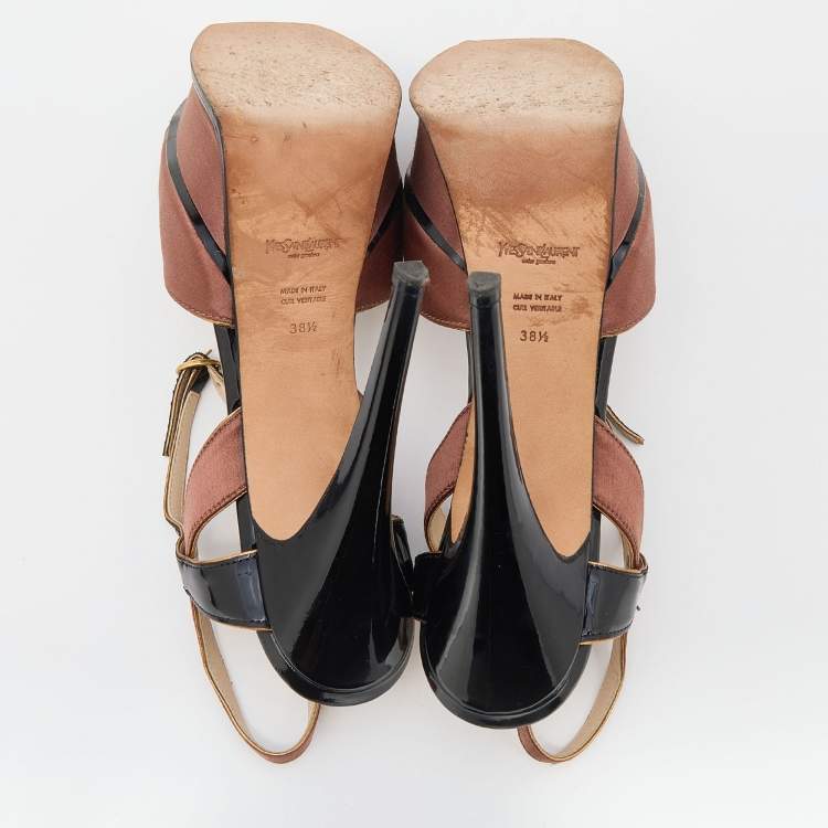 Pre Owned Yves Saint Laurent Brown/Black Patent Leather Platform Ankle Strap Sandals Size 38.5