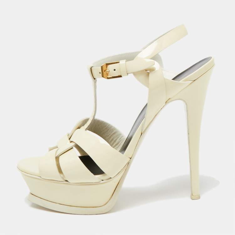 Pre Owned Yves Saint Laurent Cream Patent Leather Tribute Sandals Size 36.5