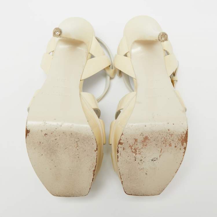 Pre Owned Yves Saint Laurent Cream Patent Leather Tribute Sandals Size 36.5