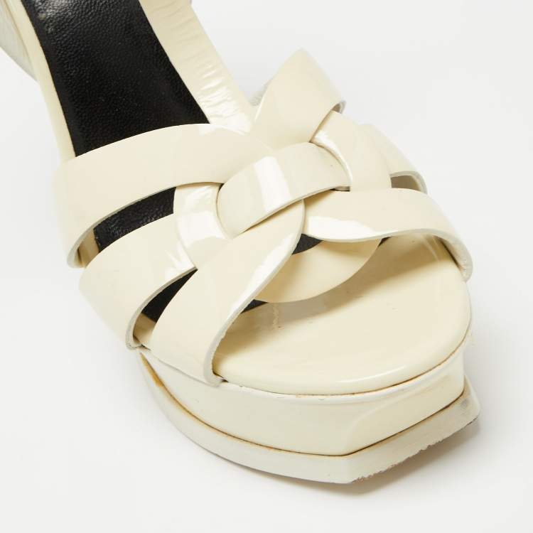 Pre Owned Yves Saint Laurent Cream Patent Leather Tribute Sandals Size 36.5