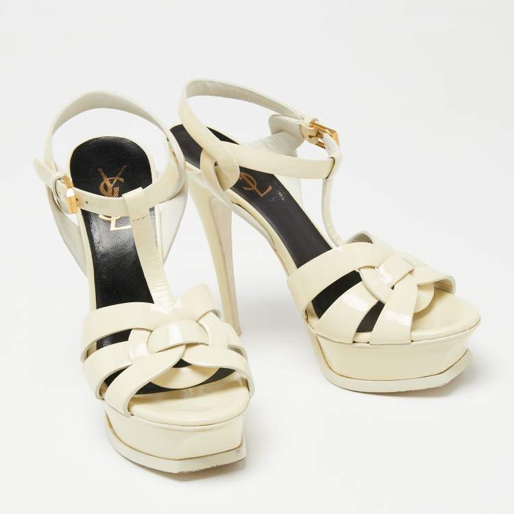 Pre Owned Yves Saint Laurent Cream Patent Leather Tribute Sandals Size 36.5