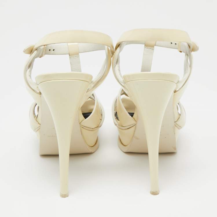Pre Owned Yves Saint Laurent Cream Patent Leather Tribute Sandals Size 36.5