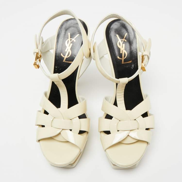 Pre Owned Yves Saint Laurent Cream Patent Leather Tribute Sandals Size 36.5
