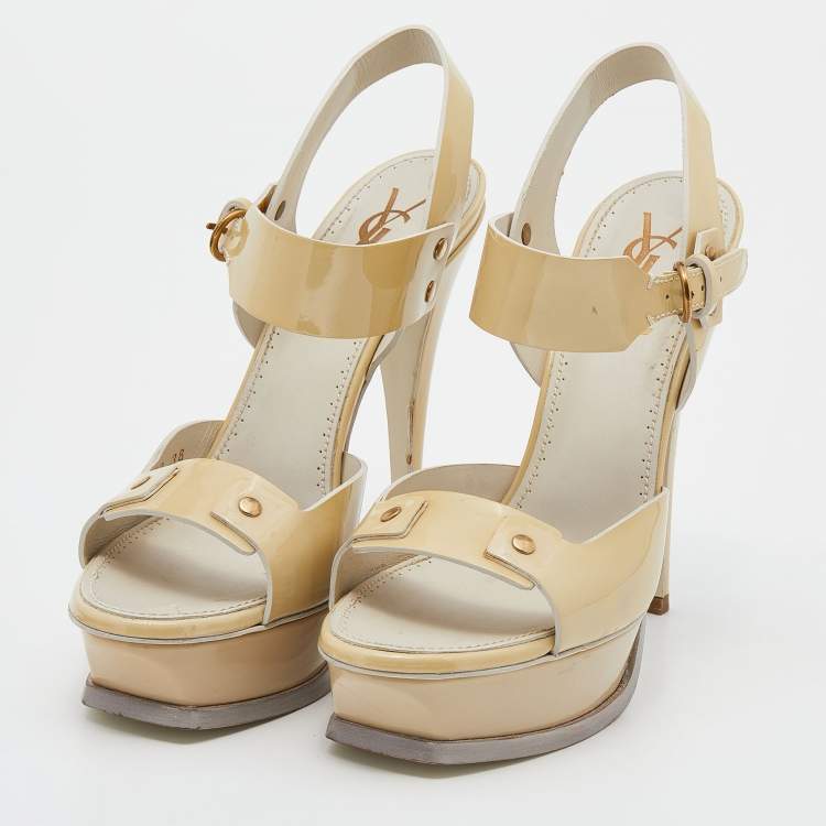 Yves Saint Laurent Cream Patent Leather Platform Ankle Strap Sandals ...