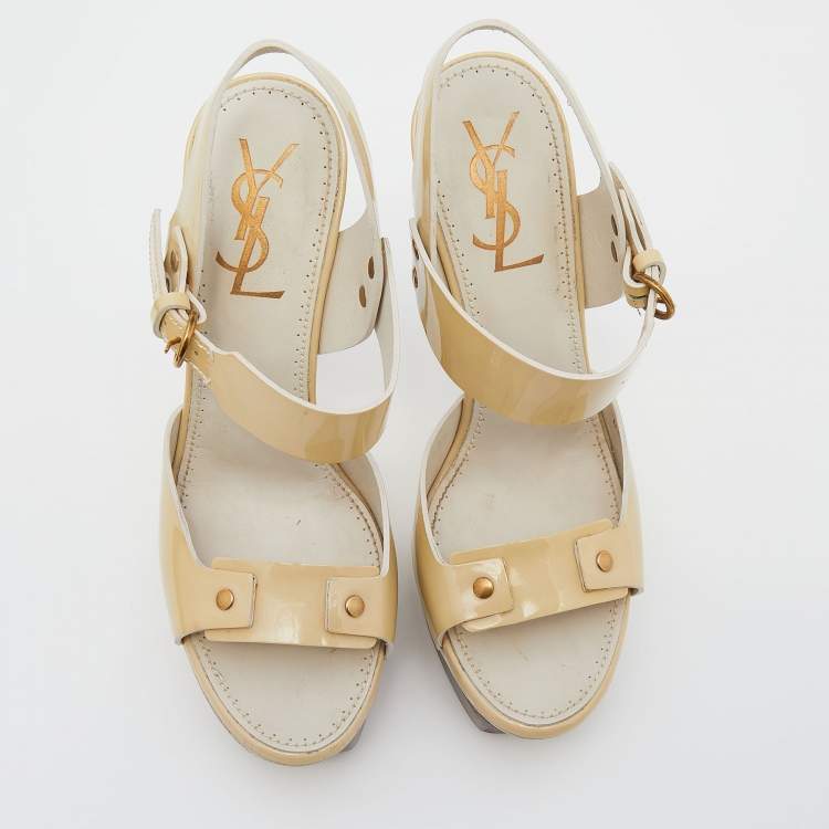 Pre Owned Yves Saint Laurent Cream Patent Leather Platform Ankle Strap Sandals Size 38