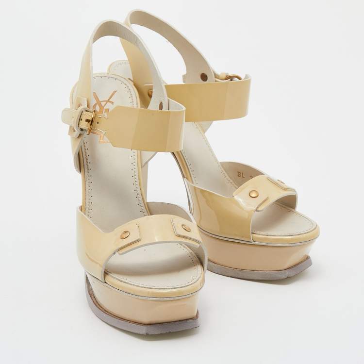 Pre Owned Yves Saint Laurent Cream Patent Leather Platform Ankle Strap Sandals Size 38