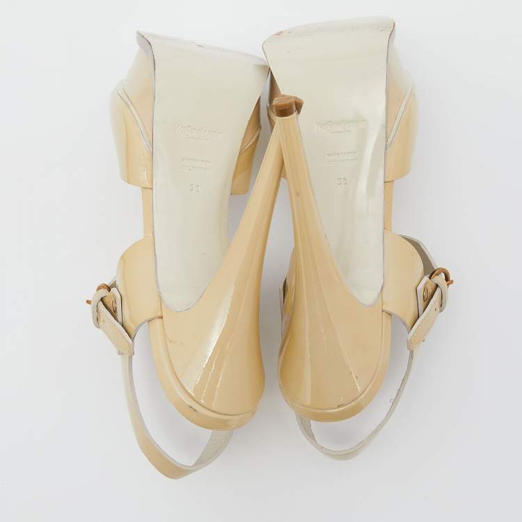 Pre Owned Yves Saint Laurent Cream Patent Leather Platform Ankle Strap Sandals Size 38