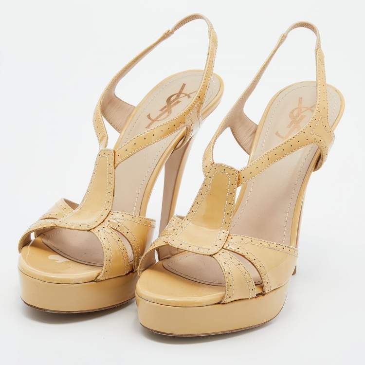 Pre Owned Yves Saint Laurent Beige Patent Leather Strappy Platform Slingback Sandals 38