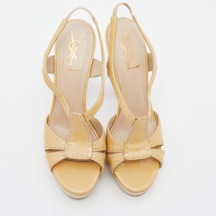 Pre Owned Yves Saint Laurent Beige Patent Leather Strappy Platform Slingback Sandals 38