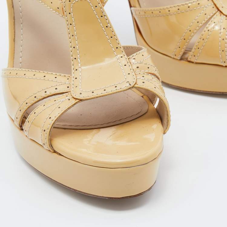 Pre Owned Yves Saint Laurent Beige Patent Leather Strappy Platform Slingback Sandals 38