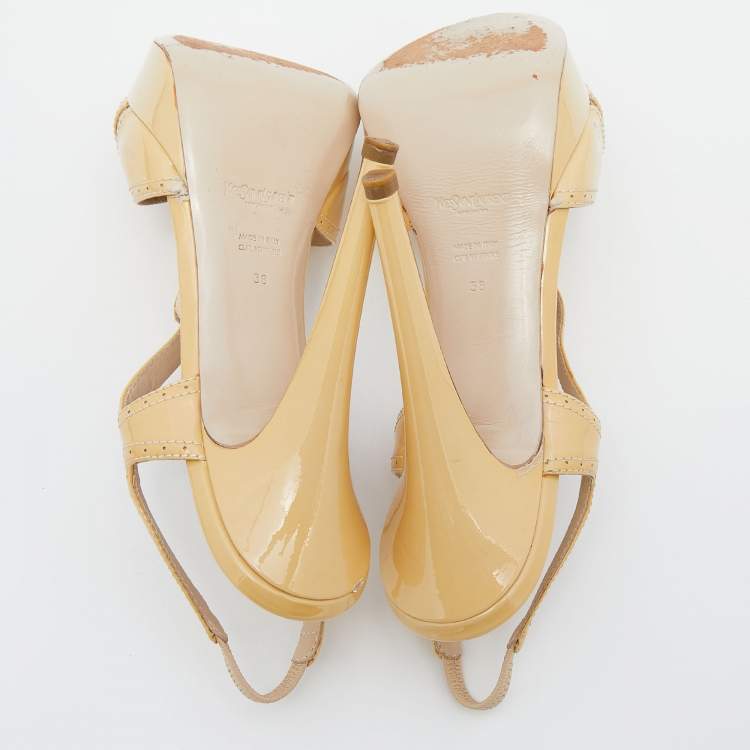 Pre Owned Yves Saint Laurent Beige Patent Leather Strappy Platform Slingback Sandals 38