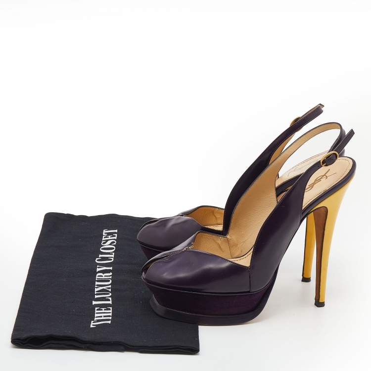 Pre Owned Yves Saint Laurent Purple/Yellow Leather Peep Toe Platform Slingback Sandals Size 38
