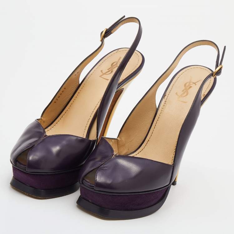 Pre Owned Yves Saint Laurent Purple/Yellow Leather Peep Toe Platform Slingback Sandals Size 38