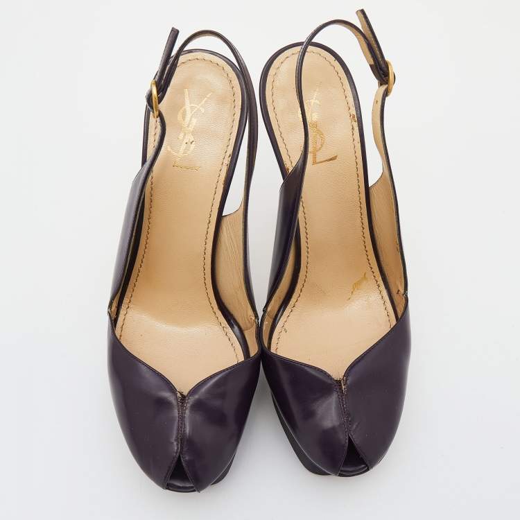 Pre Owned Yves Saint Laurent Purple/Yellow Leather Peep Toe Platform Slingback Sandals Size 38