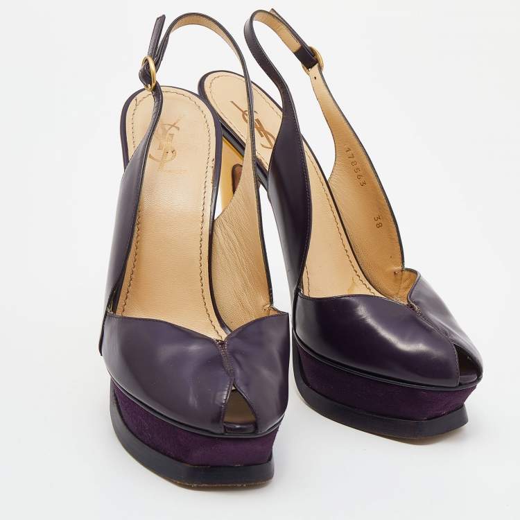 Pre Owned Yves Saint Laurent Purple/Yellow Leather Peep Toe Platform Slingback Sandals Size 38