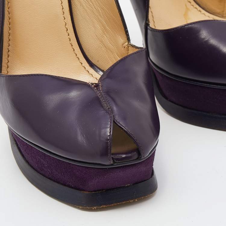 Pre Owned Yves Saint Laurent Purple/Yellow Leather Peep Toe Platform Slingback Sandals Size 38