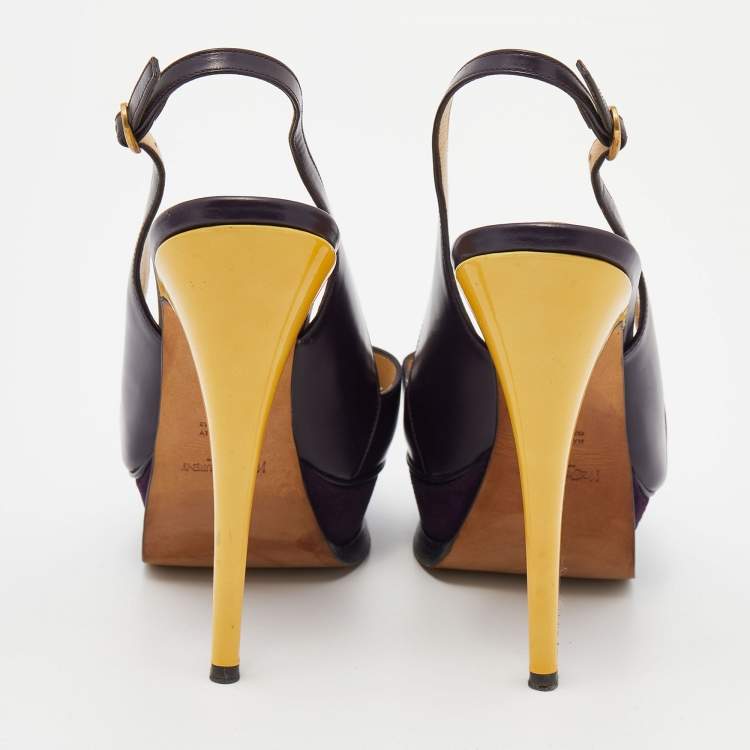 Pre Owned Yves Saint Laurent Purple/Yellow Leather Peep Toe Platform Slingback Sandals Size 38