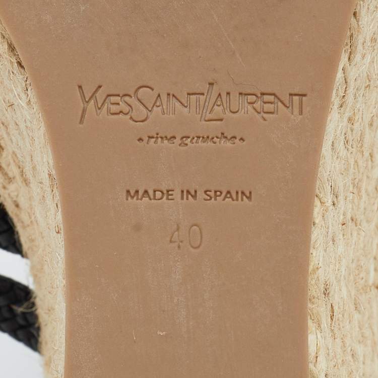 Pre Owned Yves Saint Laurent Black Patent and Woven Leather Agadir Wedge Espadrilles Sandals Size 40