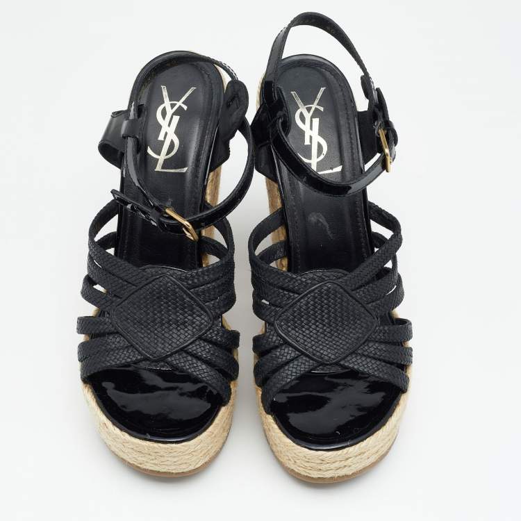 Pre Owned Yves Saint Laurent Black Patent and Woven Leather Agadir Wedge Espadrilles Sandals Size 40